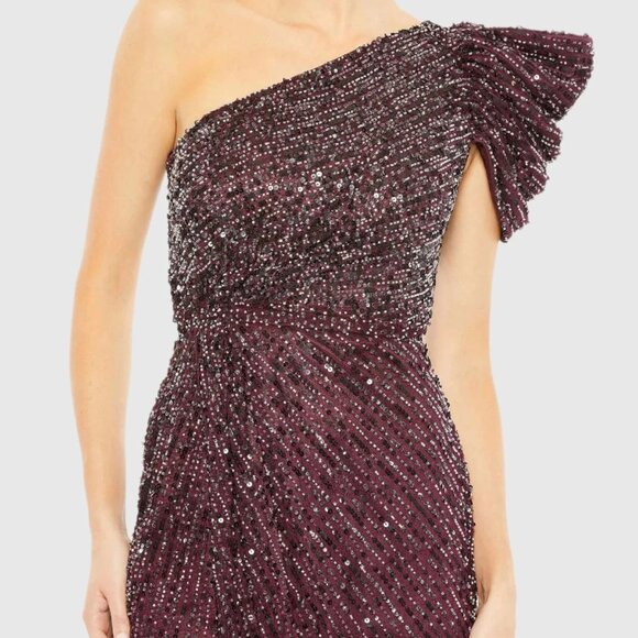 NWT | Mac Duggal 5622 Embellished Puff One Shoulder Gown Deep Plum Blackberry 10 - Picture 3 of 7